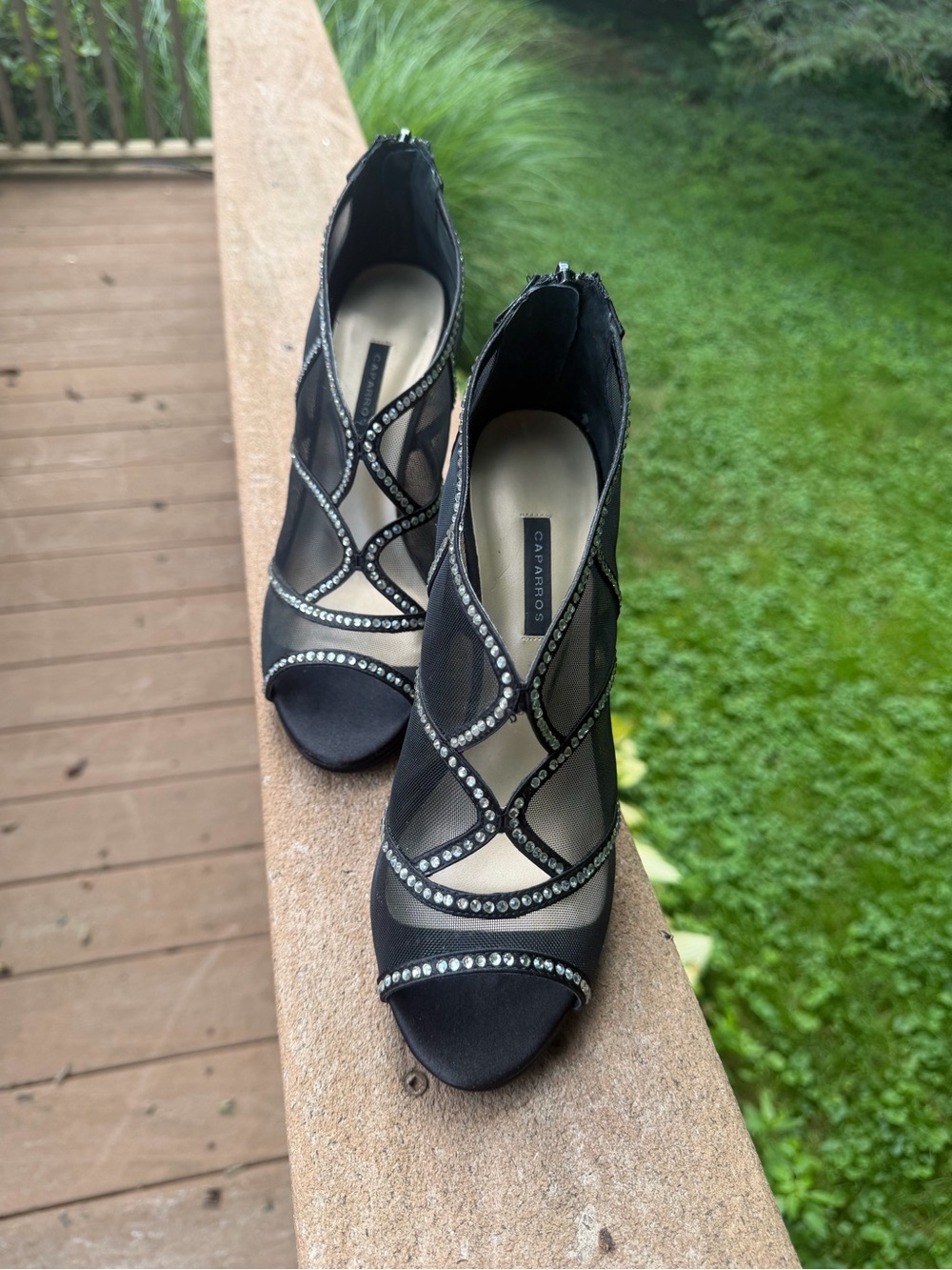 Caparros Black Mesh Rhinestone Peep Toe Evening Heels 8.5